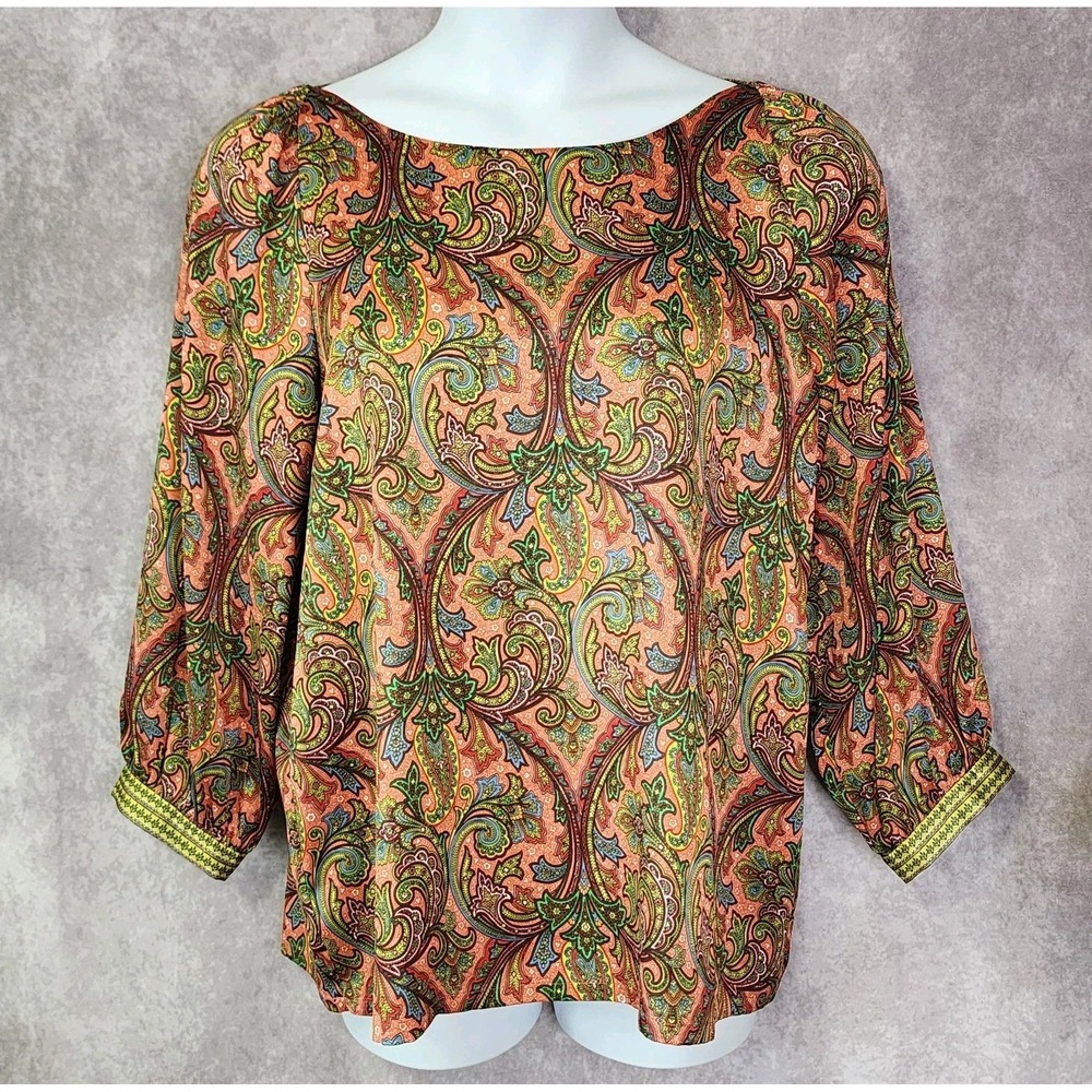 Loft Blouse Womens Large Paisley Satin Boho Elegant Office Mature Whimsical
